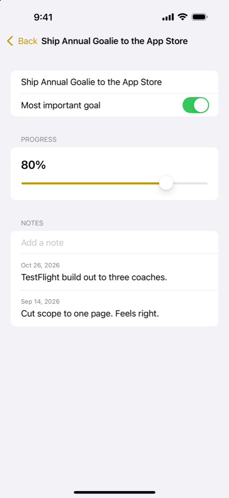 A goal with a progress slider and dated notes